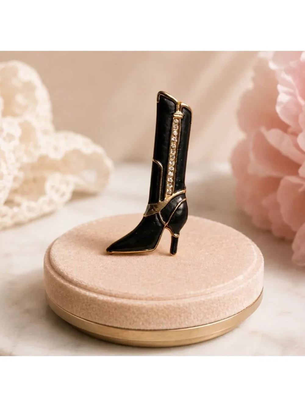 Vintage Meesco Boot Brooch Black Enamel High Heel Rhinestone Fashion Pin Retro